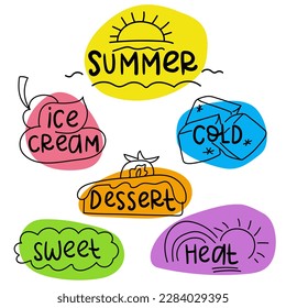 A set of inscriptions for ice cream. Inscriptions with small sketches are like stickers. Ice cream, cold, sun, summer, hot, doodle-style dessert. Black and white sketches on bright colored spots.