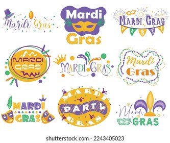 Set of inscriptions MARDI GRAS (Fat Tuesday) on white background