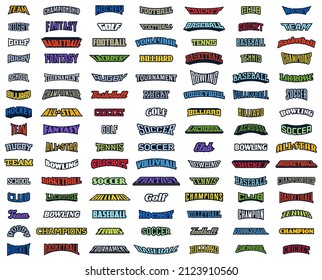 Set of inscriptions for sports logos. Font for sports emblems of clubs, championship, tournaments. Basketball, soccer, football, hockey, baseball, tennis, volleyball, cricket. Vector illustration