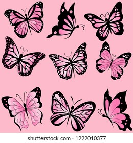 set, insect, beautiful, pink butterflies vector