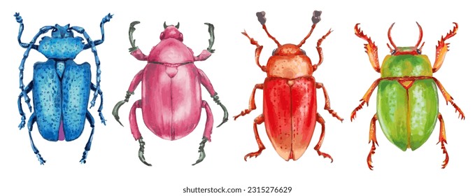 Set of insect beetles. Animal beetles are blue, pink, orange, green. Glossy surface. Entomology, the study of insects. Hand drawn illustration with markers.