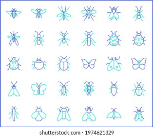 Set of insect and bug Icon line style. Contains such Icons as mosquito, mantis, moth, ant, bug stick, ladybug, mite, natural And Other Elements. customize color, easy resize.