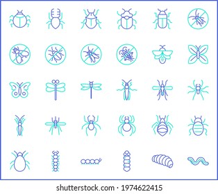 Set of insect and bug Icon line style. Contains such Icons as mosquito, mantis, moth, ant, bug stick, ladybug, mite, natural And Other Elements. customize color, easy resize.
