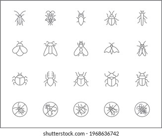 Set of insect and bug line style. It contains such Icons as mosquito, mantis, moth, ant, bug stick, ladybug, mite, natural and other elements. customize color, easy resize.