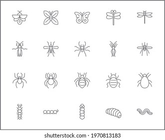 Set of insect and bug line style. It contains such Icons as mosquito, mantis, moth, ant, bug stick, ladybug, mite, natural and other elements. customize color, easy resize.