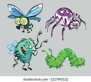 Set of Insect Cartoon Character Flat Design Vector Illustration