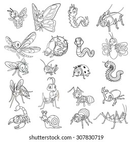 Set of Insect Cartoon Character Line Art Outlined Vector Illustration