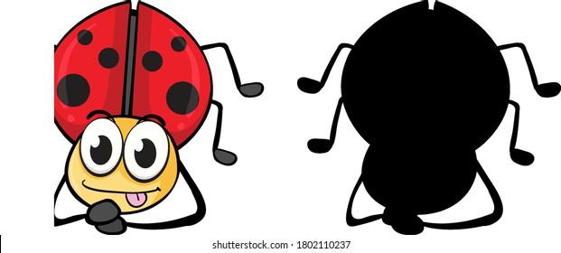 Set of insect cartoon character and its silhouette on white background illustration