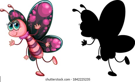 Set of insect cartoon character and its silhouette on white background illustration