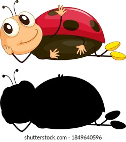 Set of insect cartoon character and its silhouette on white background illustration