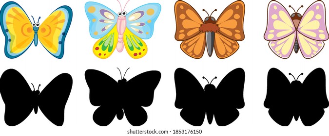Set of insect cartoon character and its silhouette on white background illustration