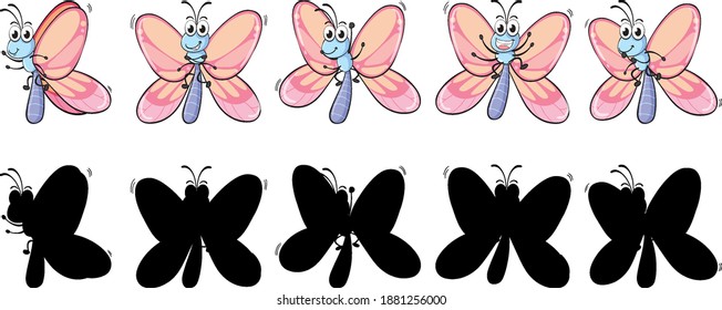 Set of insect cartoon character and its silhouette on white background illustration