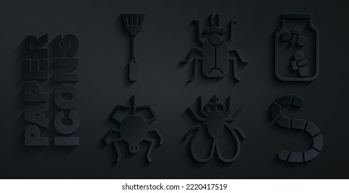 Set Insect fly, Fireflies bugs in a jar, Spider, Worm, Beetle and Fly swatter icon. Vector