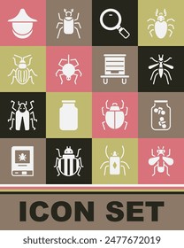 Set Insect fly, Fireflies bugs in a jar, Mosquito, Magnifying glass, Spider, Chafer beetle, Beekeeper hat and Hive for bees icon. Vector