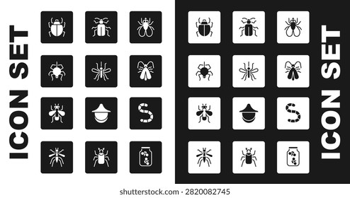 Set Insect fly, Mosquito, Spider, Mite, Clothes moth, Chafer beetle, Worm and  icon. Vector