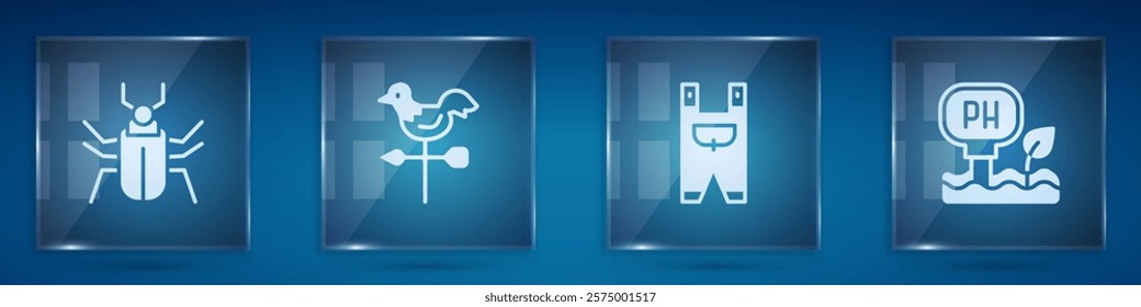 Set Insect fly, Rooster weather vane, Garden worker clothes and Soil ph testing. Square glass panels. Vector
