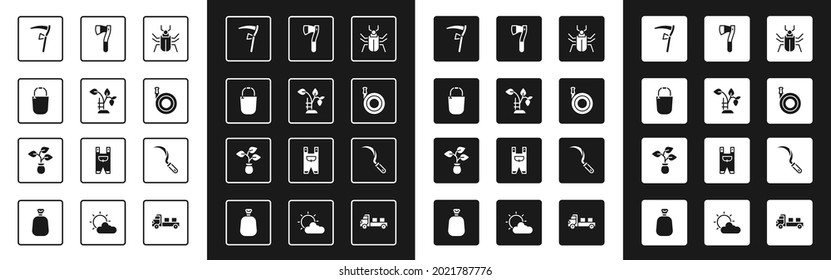 Set Insect fly, Strawberry bush, Bucket, Scythe, Garden hose, Wooden axe, Sickle and Plant icon. Vector