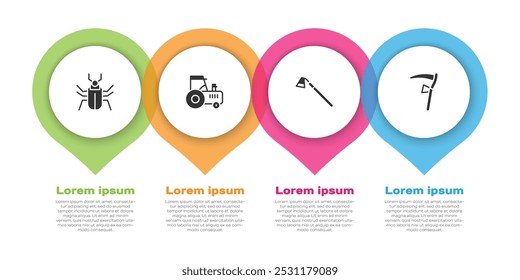 Set Insect fly, Tractor, Garden hoe and Scythe. Business infographic template. Vector