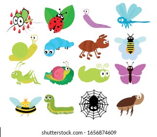 Set of insect icons. Kawaii. Ladybug, mosquito, butterfly, rhinoceros beetle, centipede, Grasshopper, caterpillar, spider, snail, Dragonfly, Ant, worm, slug, wasp, bee. Flat design. Vector