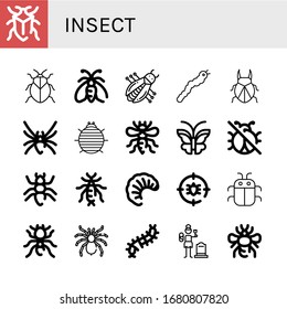 Set of insect icons. Such as Bug, Stink bug, Moth, Silkworm, Beetle, Black widow, Woodlouse, Bee, Butterfly, No insects, Ant, Earwig, Larva, Anti bug, Pheidole , insect icons