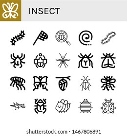 Set of insect icons such as Butterfly, Scolopendra, Butterfly net, Bug, Mosquito coil, Centipede, Acari, Beetle, Mosquito, Mite, Moth, Flea, Cocoon, Cockroach, Bee, Grasshopper , insect