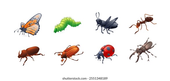 Set of insect illustrations, butterfly, caterpillar, cricket, ant, rhinoceros beetle, stag beetle, ladybug, cockchafer, realistic in 3d style.