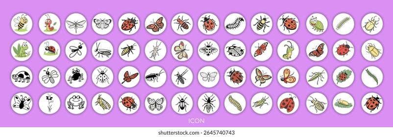 Set of insect illustrations, butterfly, caterpillar, cricket, ant, rhinoceros beetle, stag beetle, ladybug, cockchafer, realistic in 3d style.	