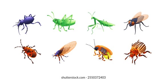 Conjunto de ilustraciones de insectos, escarabajo de tierra, saltamontes, mantis de oración, mosca, bicho rojo, cigarra, grillo, escarabajo de la patata de Colorado, realista en estilo 3D.