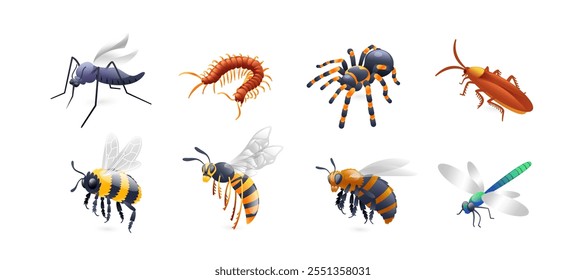 Conjunto de ilustrações de insetos, mosquito, barata, aranha, centopeia, abelha, vespa, mamangava, libélula, realista em estilo 3d.