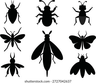 Conjunto de siluetas de insectos, insectos y escarabajos iconos vectoriales aislados sobre fondo blanco