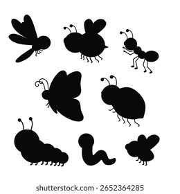 Conjunto de silhuetas de insetos, incluindo borboleta, formiga, lagarta, verme, abelha e besouro. Ícones vetoriais simples para projetos de natureza, biologia ou educacionais