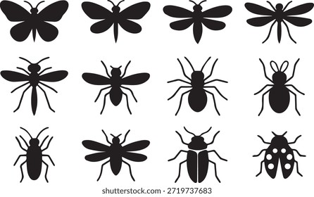Set of insect silhouettes, isolated on a white background, perfect for educational materials, nature designs, and entomology-themed illustrations.