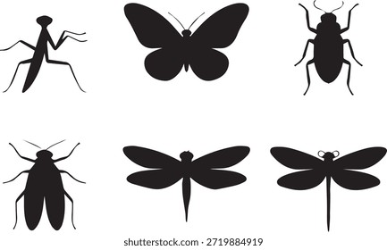 Set of insect silhouettes, isolated on a white background, perfect for educational materials, nature designs, and entomology-themed illustrations.