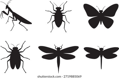 Set of insect silhouettes, isolated on a white background, perfect for educational materials, nature designs, and entomology-themed illustrations.