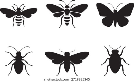 Set of insect silhouettes, isolated on a white background, perfect for educational materials, nature designs, and entomology-themed illustrations.