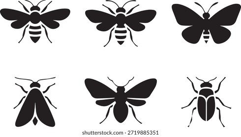 Set of insect silhouettes, isolated on a white background, perfect for educational materials, nature designs, and entomology-themed illustrations.