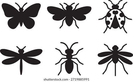 Set of insect silhouettes, isolated on a white background, perfect for educational materials, nature designs, and entomology-themed illustrations.