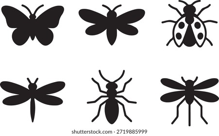Set of insect silhouettes, isolated on a white background, perfect for educational materials, nature designs, and entomology-themed illustrations.