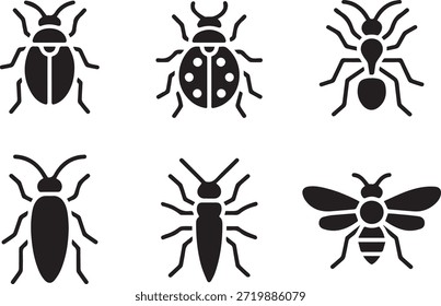 Set of insect silhouettes, isolated on a white background, perfect for educational materials, nature designs, and entomology-themed illustrations.