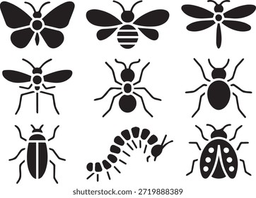 Set of insect silhouettes, isolated on a white background, perfect for educational materials, nature designs, and entomology-themed illustrations.