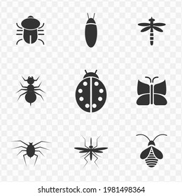 Set of insect simple vector icons in dark color and transparent background(png). Vector illustration.