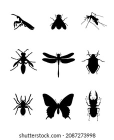 Set of insect vector silhouette illustration isolated on white. Praying mantis. Housefly. Mosquito. Wasp axis or honey bee symbol. Dragonfly. Stink bug beetle. Tarantula spider. Butterfly. Stag beetle