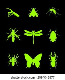 Set of insect vector silhouette illustration isolated on black. Praying mantis. Housefly. Mosquito. Wasp axis or honey bee symbol. Dragonfly. Stink bug beetle. Tarantula spider. Butterfly. Stag beetle