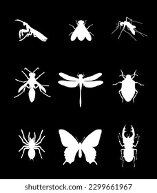 Set of insect vector silhouette illustration isolated on black. Praying mantis. Housefly. Mosquito. Wasp axis or honey bee symbol. Dragonfly. Stink bug beetle. Tarantula spider. Butterfly. Stag beetle