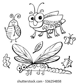 Set of insects. Animals. Ladybug. Grasshopper. Dragonfly. Little butterfly. Leaves. Vector graphics. Art. Cartoon characters illustration.