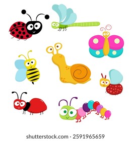 Set of insects. Ant, wasp, caterpillar, ladybug, butterfly, snail, midge, dragonfly. Cute cartoon funny kawaii baby animal. Children's style. Flat design. White background. Vector