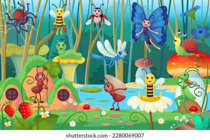 Set of insects, background for children in cartoon style.Scene of insects butterfly, snail, caterpillar, spider, ants, dragonfly, grasshopper, bee, ladybug in the forest. Insects living together. 