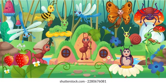 Set of insects, background for children in cartoon style.Scene of insects butterfly, snail, caterpillar, spider, ants, dragonfly, grasshopper, bee, ladybug in the forest. Insects living together. 