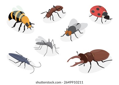 Set of insects. Bee, ant, ladybug, mosquito, longhorn beetle, fly insect, stag beetle. Flat vector poster on white background.