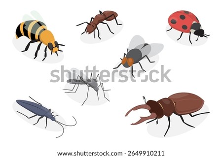 Set of insects. Bee, ant, ladybug, mosquito, longhorn beetle, fly insect, stag beetle. Flat vector poster on white background.
